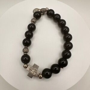 Vintage 90s St Benedict Black Onyx Bead Bracelet Catholic Religious Cross